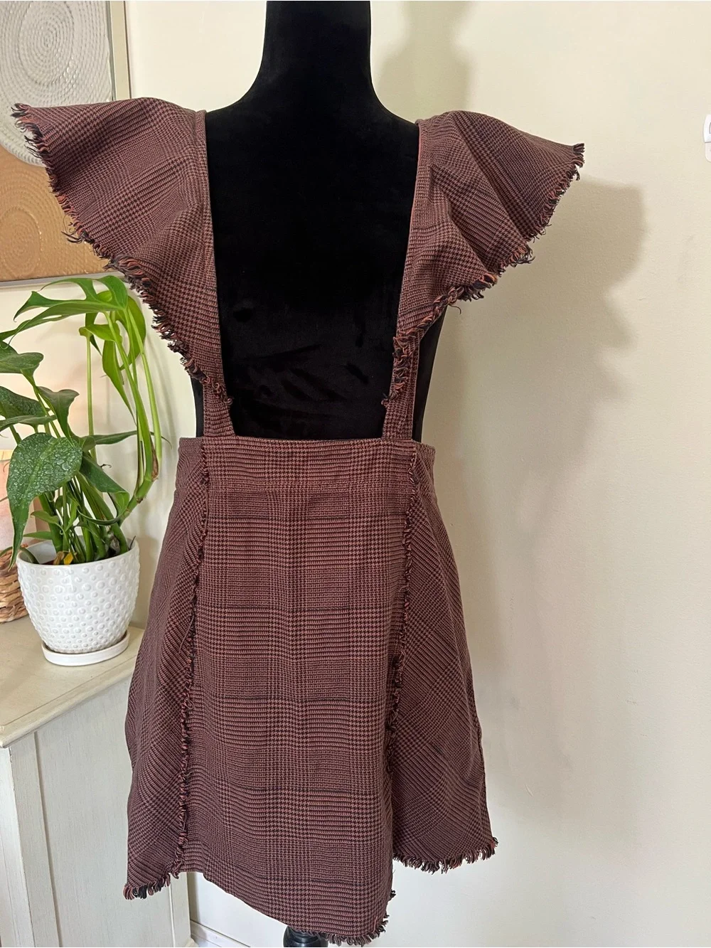 Free People Rowan Plaid Pinafore Skirt Ruffle Strap Houndstooth Mini Size 10